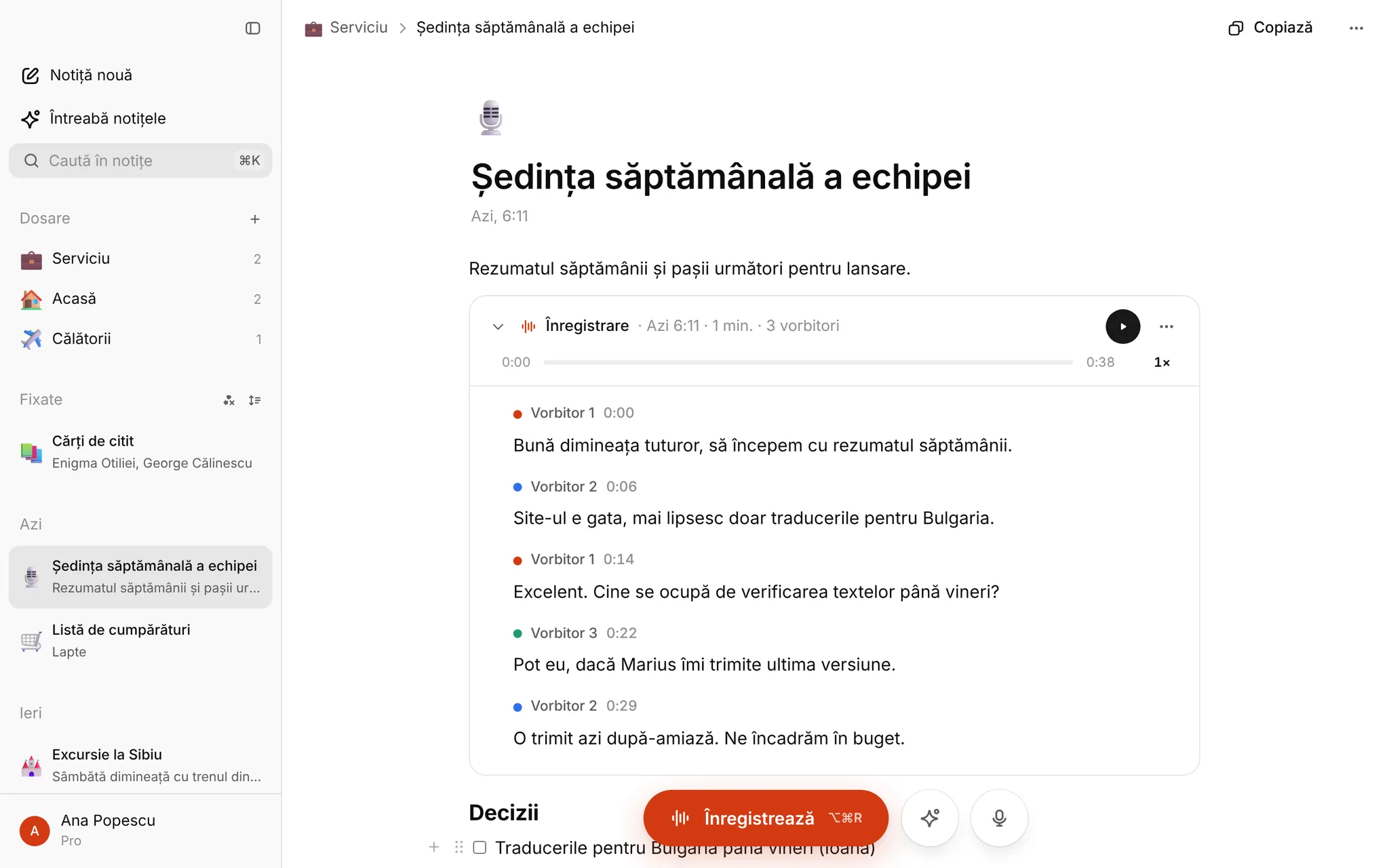 Notițe online cu înregistrări, dictare și AI